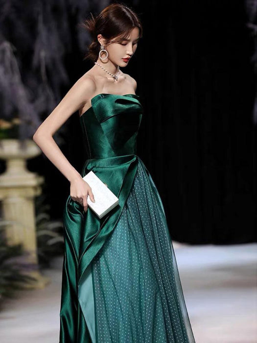 Strapless Satin Evening Dress A-Line Pleated Formal Party Dresses-Bridelily Strapless Satin Evening Dress A-Line Pleated Formal Party Dresses-Bridelily