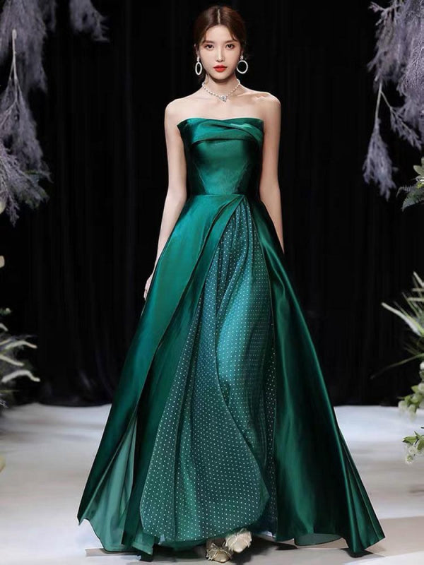 Strapless Satin Evening Dress A-Line Pleated Formal Party Dresses-Bridelily Strapless Satin Evening Dress A-Line Pleated Formal Party Dresses-Bridelily