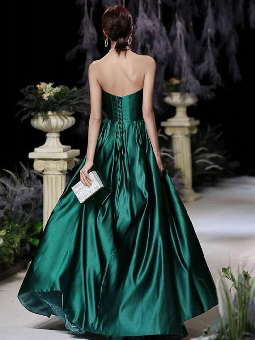 Strapless Satin Evening Dress A-Line Pleated Formal Party Dresses-Bridelily Strapless Satin Evening Dress A-Line Pleated Formal Party Dresses-Bridelily