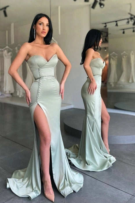Strapless Satin Sage Prom Dress Sweetheart Side Split Evening Dress