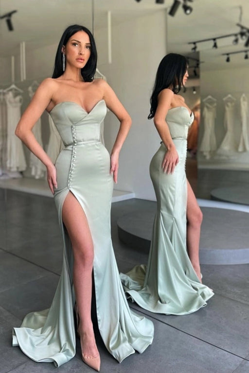 Strapless Satin Sage Prom Dress Sweetheart Side Split Evening Dress