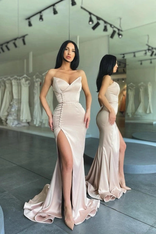 Strapless Satin Sage Prom Dress Sweetheart Side Split Evening Dress