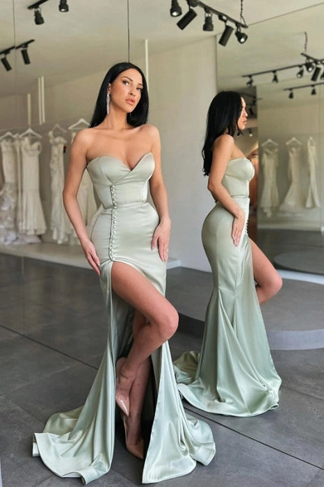 Strapless Satin Sage Prom Dress Sweetheart Side Split Evening Dress