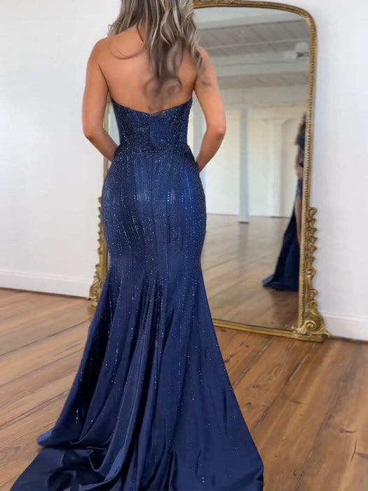 Strapless Sequin Prom Dress Sweetheart Navy Blue Mermaid Party Dress with Split