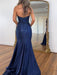 Strapless Sequin Prom Dress Sweetheart Navy Blue Mermaid Party Dress with Split