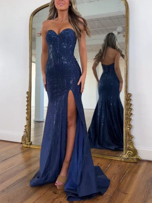 Strapless Sequin Prom Dress Sweetheart Mermaid Party Dress with Split