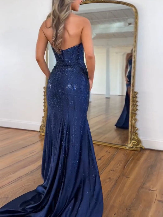 Strapless Sequin Prom Dress Sweetheart Mermaid Party Dress with Split