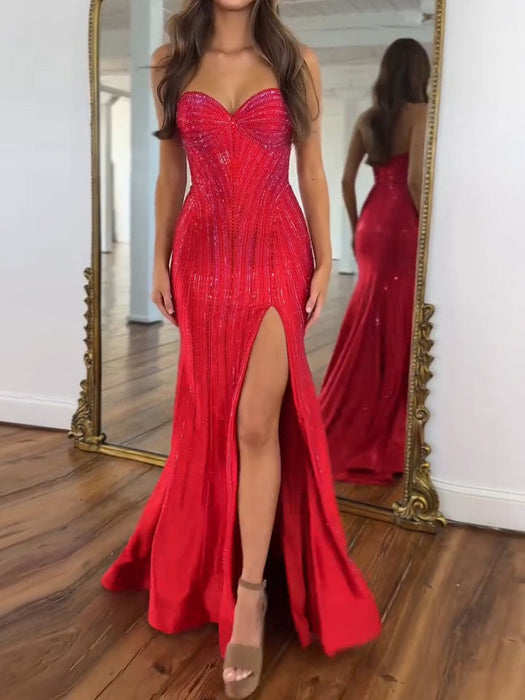 Red Strapless Sequin Prom Dress Sweetheart Mermaid Party Dress with Split