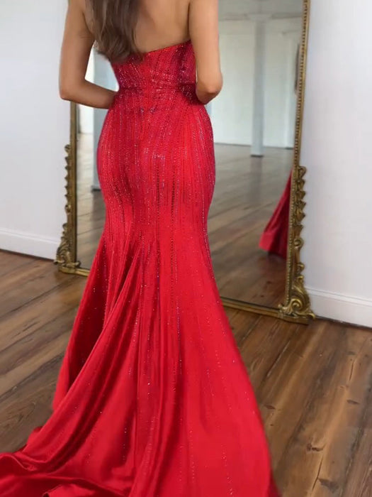 Red Strapless Sequin Prom Dress Sweetheart Mermaid Party Dress with Split