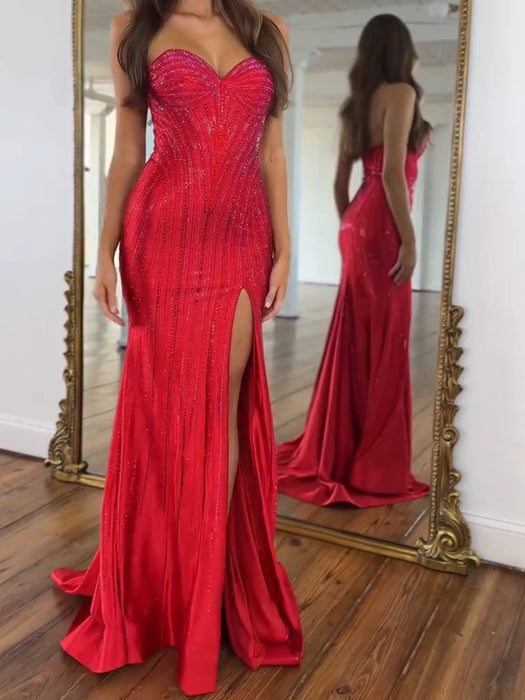 Red Strapless Sequin Prom Dress Sweetheart Mermaid Party Dress with Split