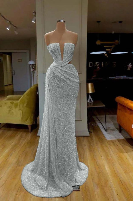 Sequins Sleeveless Gorgeous White Strapless Prom Dress With Pleated Online