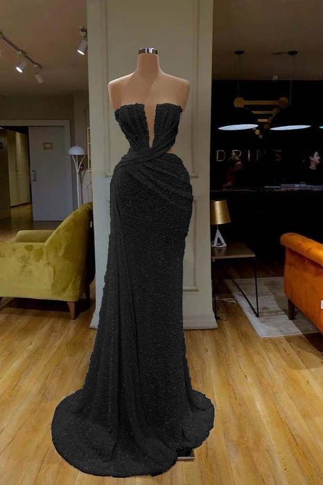 Stunning Strapless Prom Gown Adorned with Black Sequins