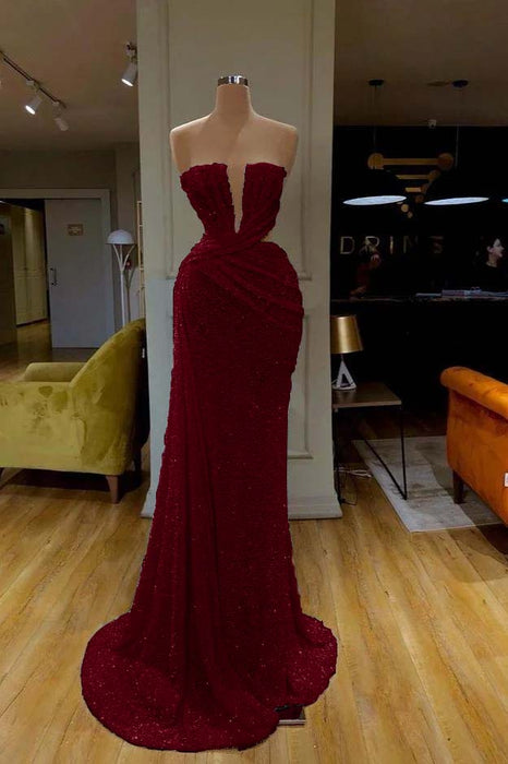 Stunning Strapless Prom Gown Adorned with Burgundy Sequins