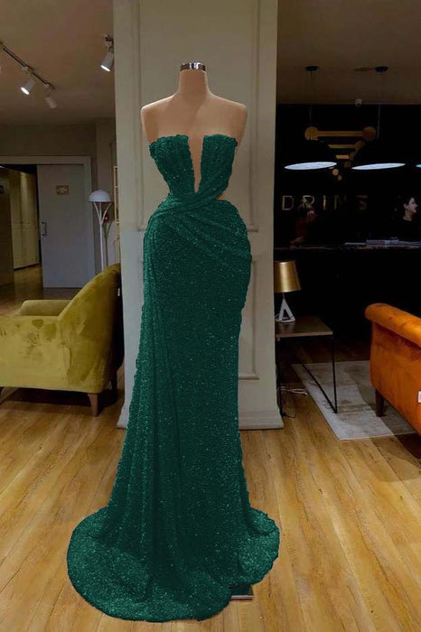 Stunning Strapless Prom Gown Adorned with Dark Green Sequins