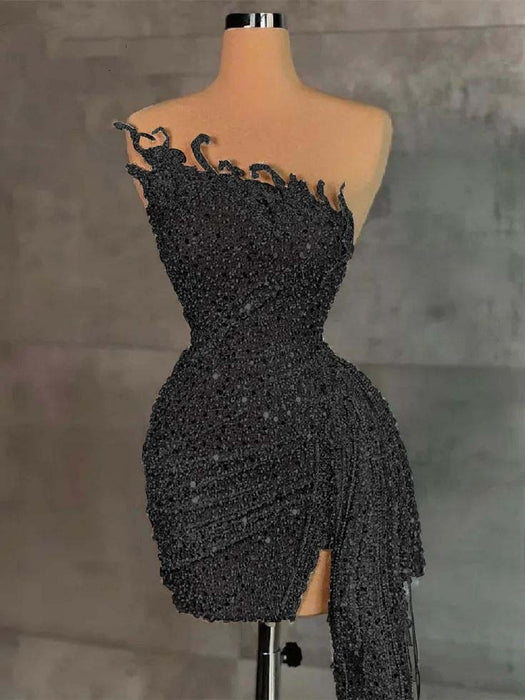 Strapless Sequins Sheath Prom Dress Tight Homecoming Dress Black