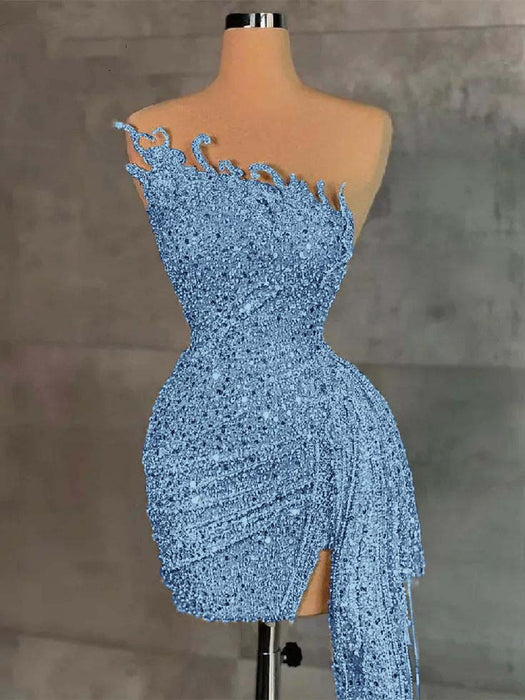 Strapless Sequins Sheath Prom Dress Tight Homecoming Dress Blue