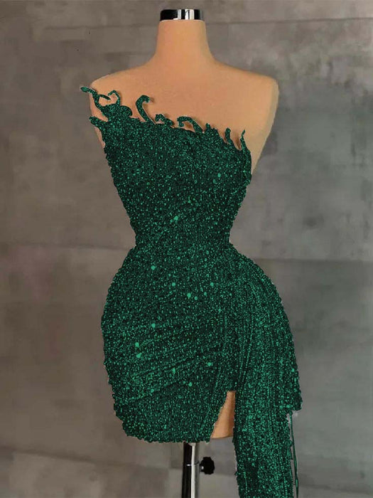 Strapless Sequins Sheath Prom Dress Tight Homecoming Dress Dark Green