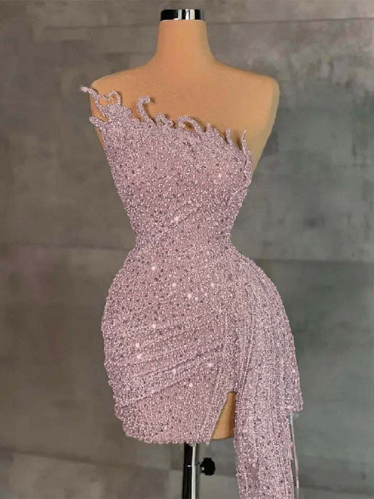 Strapless Sequins Sheath Prom Dress Tight Homecoming Dress Dusty Pink