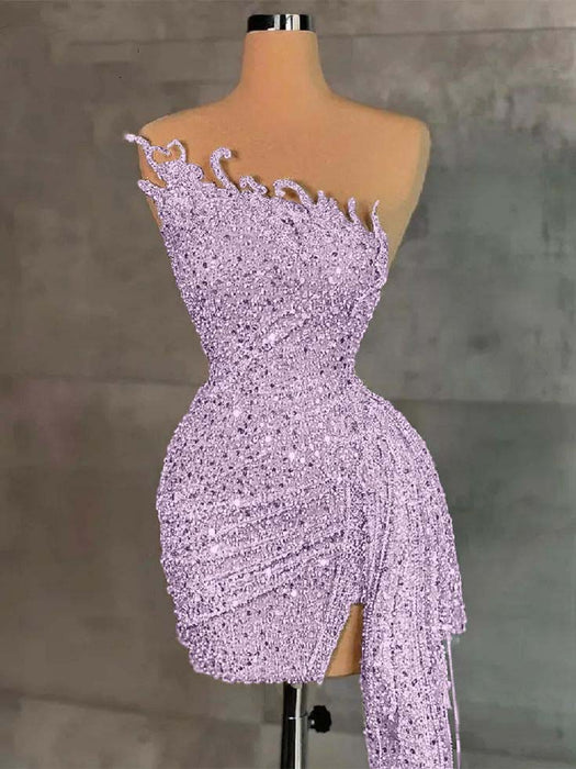 Strapless Sequins Sheath Prom Dress Tight Homecoming Dress Lilac