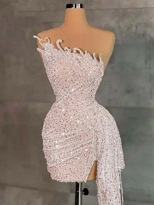 Strapless Sequins Sheath Prom Dress Tight Homecoming Dress Pink