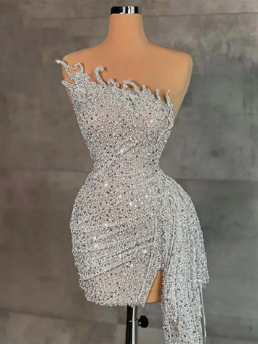 Silver Strapless Sequins Sheath Prom Dress Tight Homecoming Dress