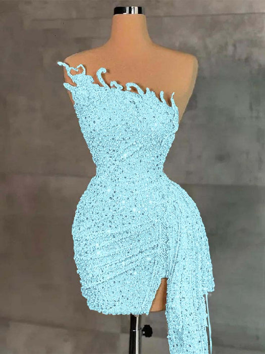 Sky Blue Strapless Sequins Sheath Prom Dress Tight Homecoming Dress