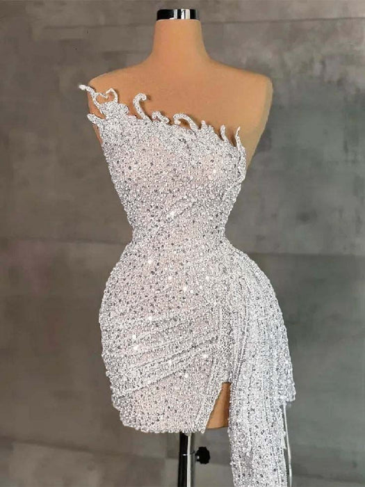 White Strapless Sequins Sheath Prom Dress Tight Homecoming Dress