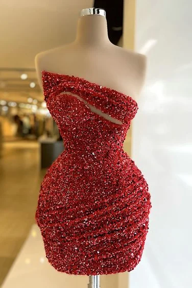Strapless Burgundy Sequins Homecoming Dress Sheath Short Prom Dress Sleeveless