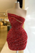 Strapless Burgundy Sequins Homecoming Dress Sheath Short Prom Dress Sleeveless