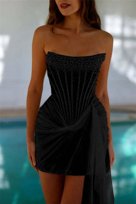 Strapless Tulle Homecoming Dress Short with Pearls Black