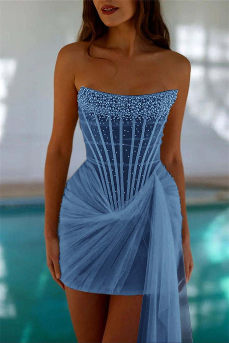 Strapless Tulle Homecoming Dress Short with Pearls Dusty Blue