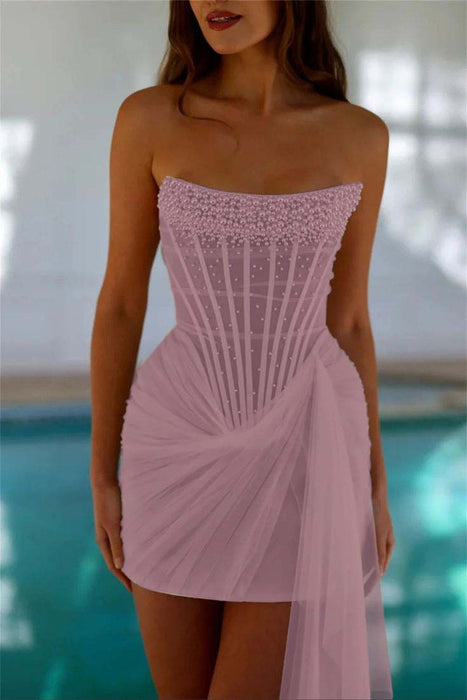 Strapless Tulle Homecoming Dress Short with Pearls Dusty Pink