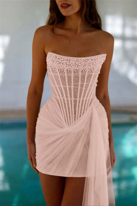 Strapless Tulle Homecoming Dress Short with Pearls Pink