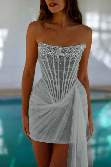 Strapless Tulle Homecoming Dress Short with Pearls Silver