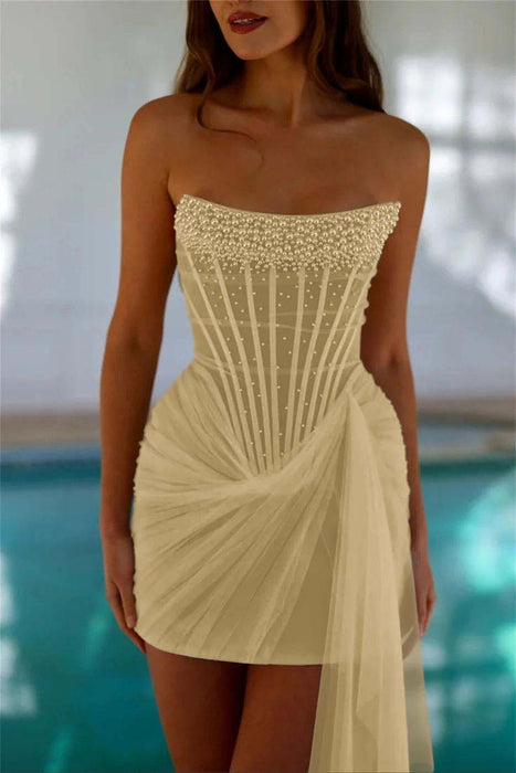 Strapless Tulle Homecoming Dress Short with Pearls Yellow