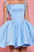 Strapless Sky Blue Aline Homecoming Dress Short Satin Prom Dress with Straps