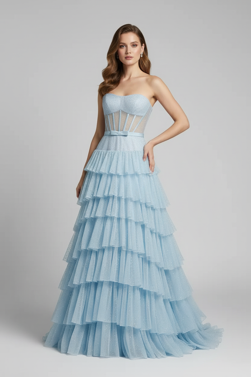 Strapless Sleeveless Chiffon Ruffles Long A-Line Prom Dress