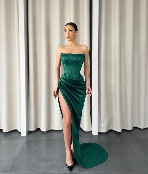 Strapless Sleeveless Long Slit Mermaid Prom Dress - Dark Green