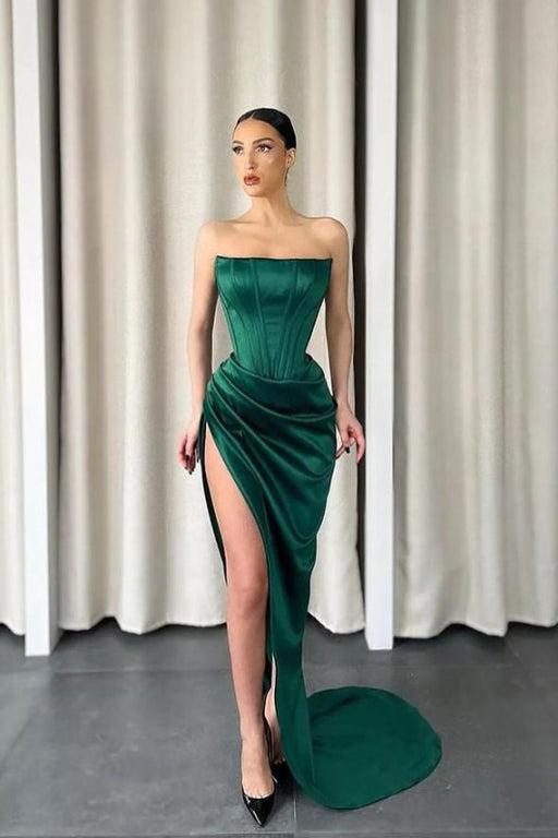 Strapless Sleeveless Long Slit Mermaid Prom Dress - Dark Green
