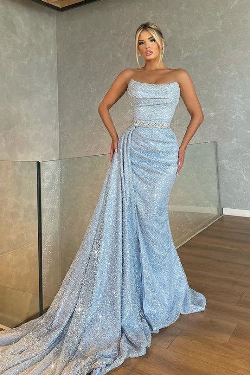 Strapless Sleeveless Mermaid Prom Dress in Baby Blue with Beadings and Sequins