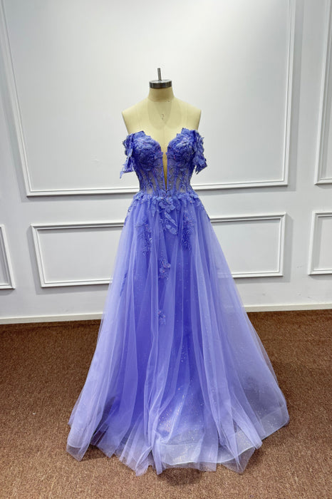 Strapless Sleeveless Tulle A-Line Prom Dress with Appliques - Prom Dresses