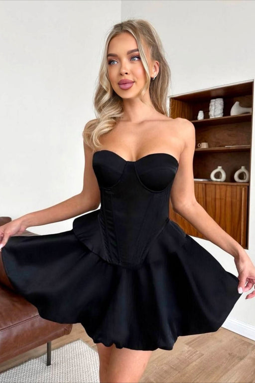 Strapless Sweetheart Aline Satin Short Corset Homecoming Dress - Black - Dress