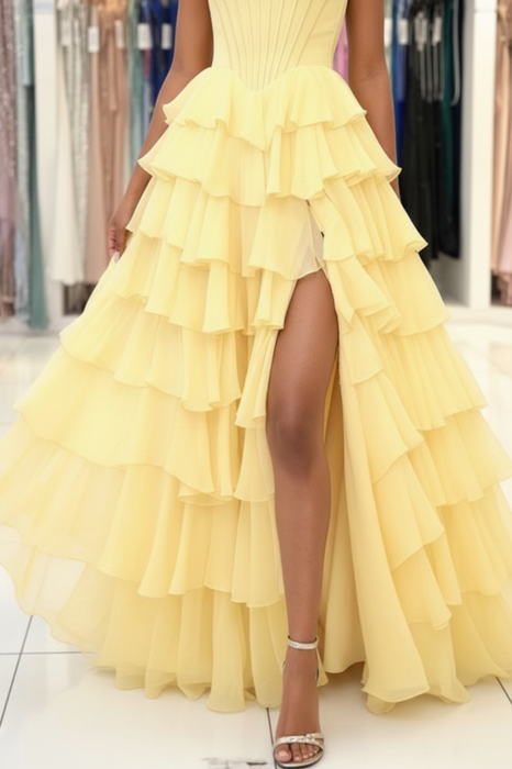 Strapless Sweetheart Corset Aline Evening Dress Chiffon Side Split Prom Dress - Prom Dress