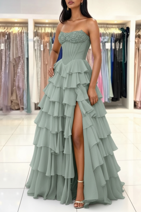Dusty Sage Strapless Sweetheart Corset Aline Evening Dress Chiffon Side Split Prom Dress - Prom Dress
