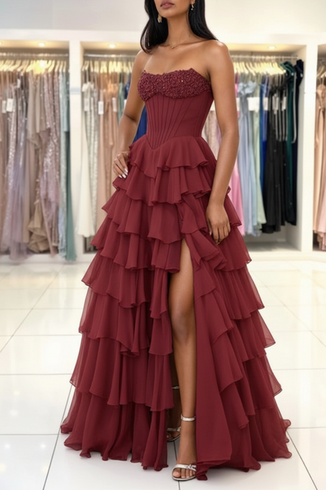 Burgundy Strapless Sweetheart Corset Aline Evening Dress Chiffon Side Split Prom Dress - Prom Dress