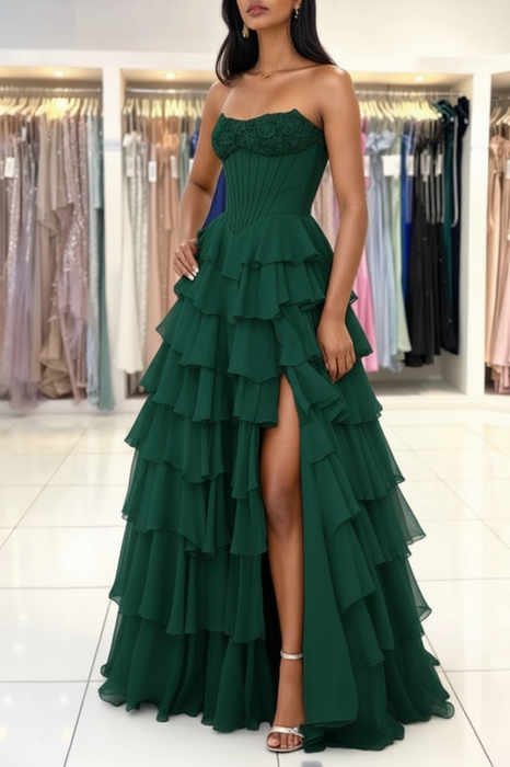 Dark Green Strapless Sweetheart Corset Aline Evening Dress Chiffon Side Split Prom Dress - Prom Dress