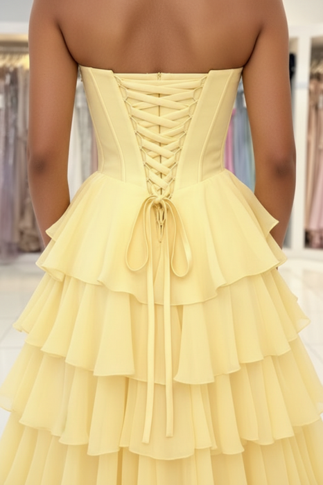 Strapless Sweetheart Corset Aline Evening Dress Chiffon Side Split Prom Dress - Prom Dress