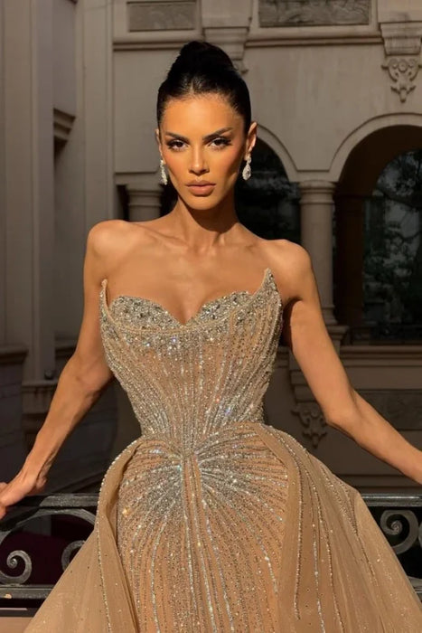 Strapless Sweetheart Crystal A Line Prom Dresses with Train