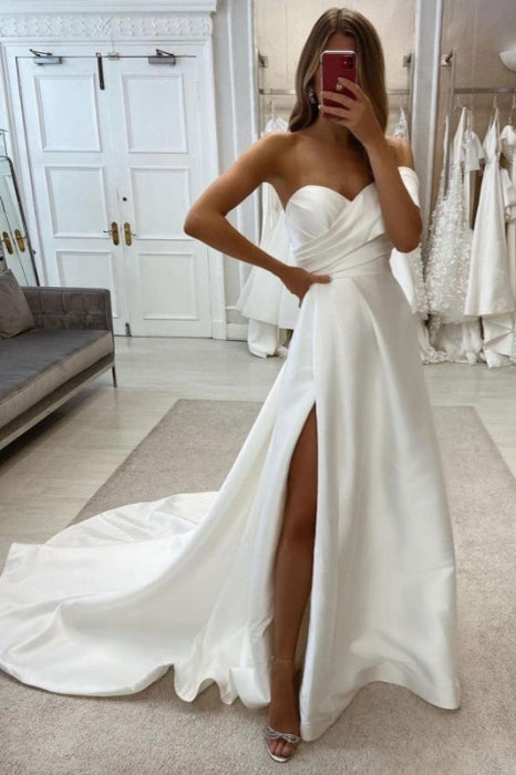 Strapless Sweetheart Satin Wedding Dress with Front Split - wedding dresses