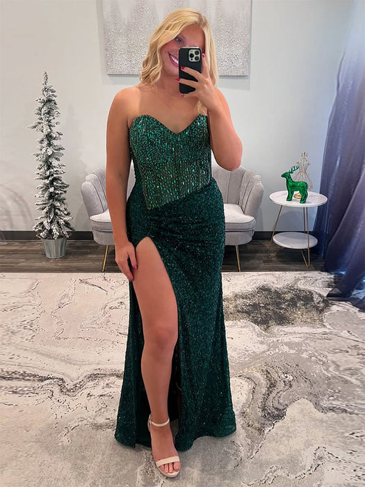 Dark Green Strapless Sweetheart Sequins Bodycon Prom Dress with Beading